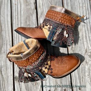 Size 7.5 Tan Ankle Square Toe Cowboy Boots Bootie Boots Boho Cowgirl UPCycled